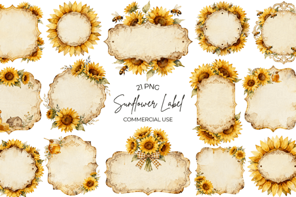 Download Retro Sunflower Label Watercolor Clipart - Sunflower Collection