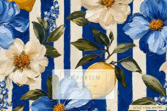 Download Blue Stripe Floral Lemon Oil Pattern - Pattern Collection